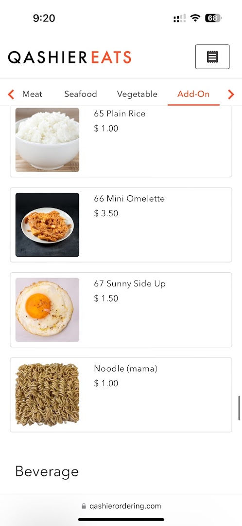 Menu page for Korat Thai Cafe