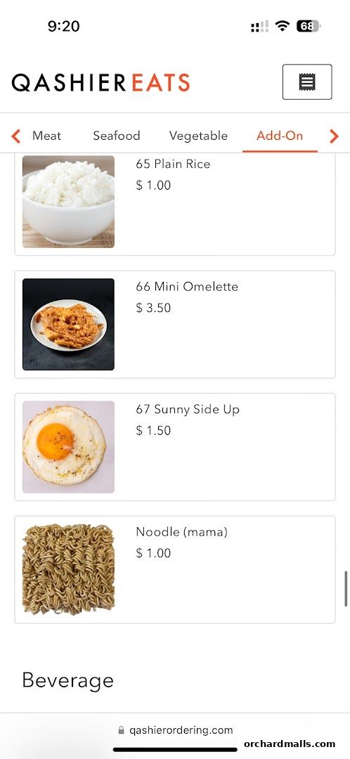 A screenshot of a mobile menu for Qashier Eats, showing add-on items like rice, omelette, and noodles.