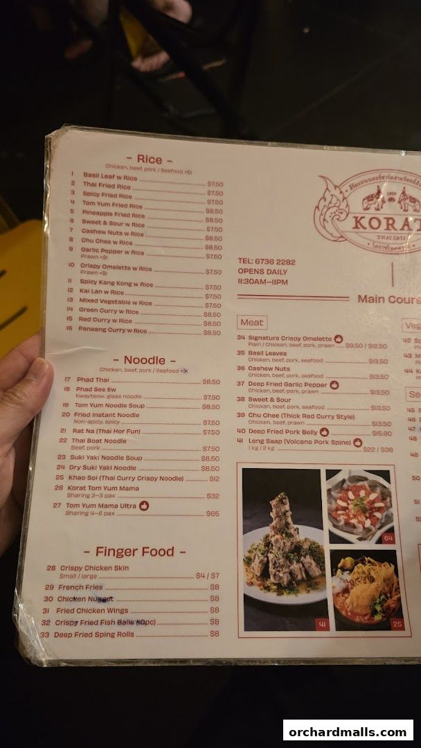 A menu from Korat Thai Cafe featuring rice, noodle, and finger food dishes.