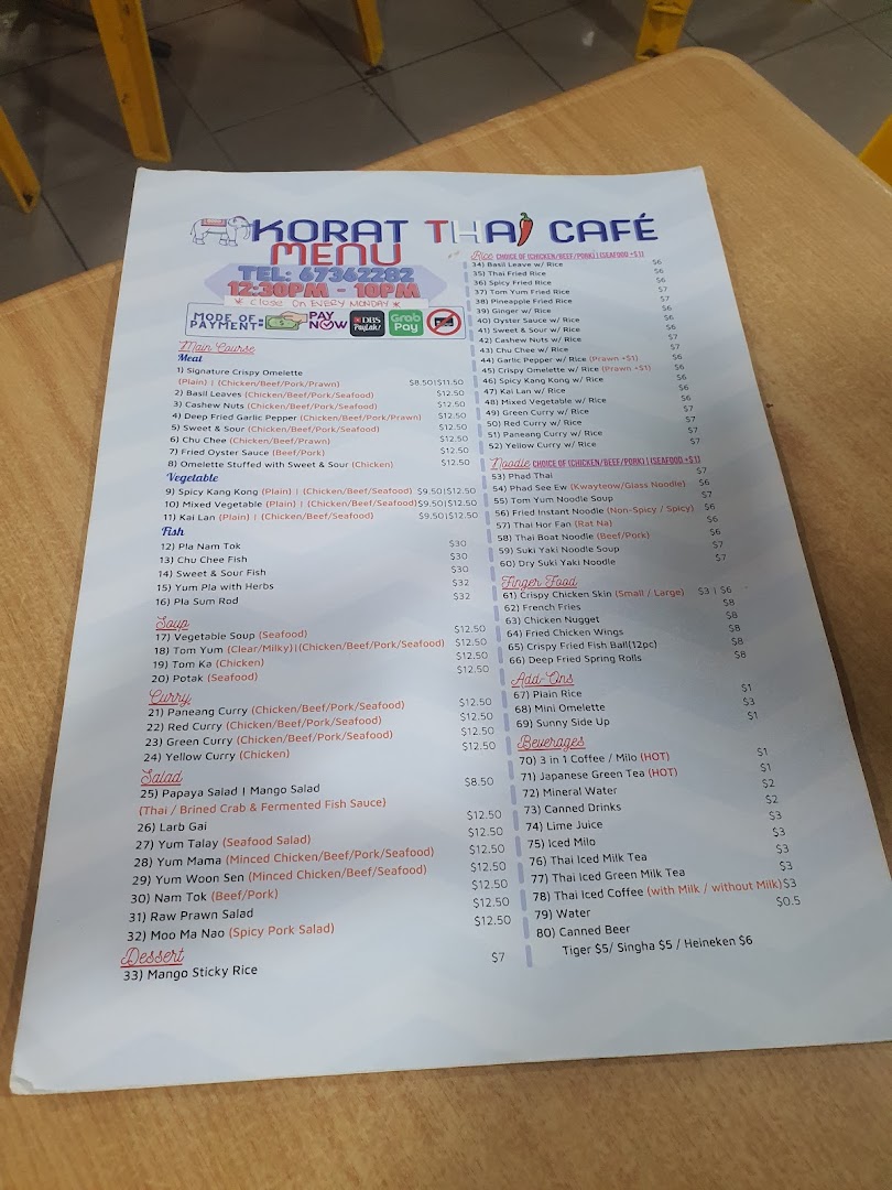 Menu page for Korat Thai Cafe
