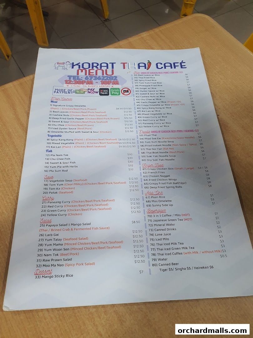 A menu from Korat Thai Cafe with various Thai dishes and beverages listed.