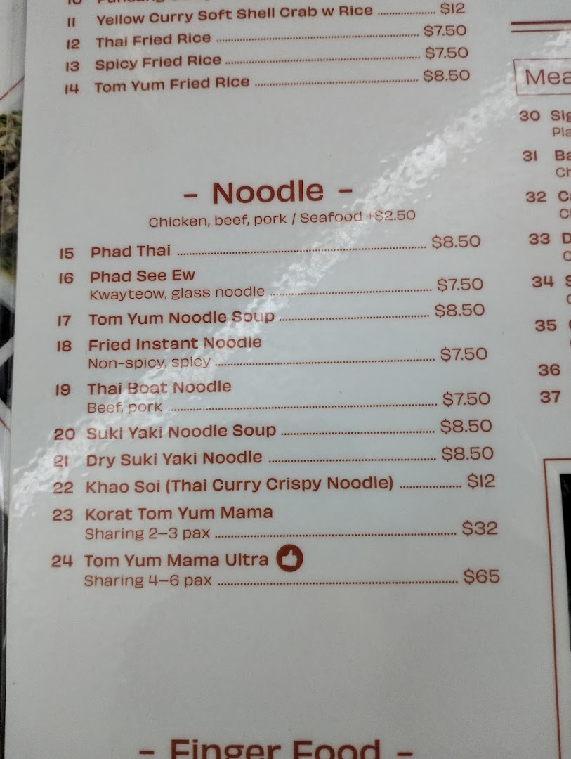 Menu page for Korat Thai Cafe