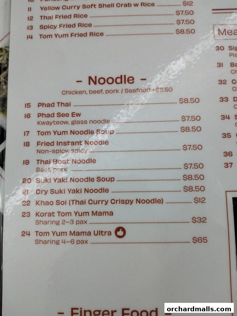 A menu from Korat Thai Cafe featuring noodle dishes and other Thai specialties.