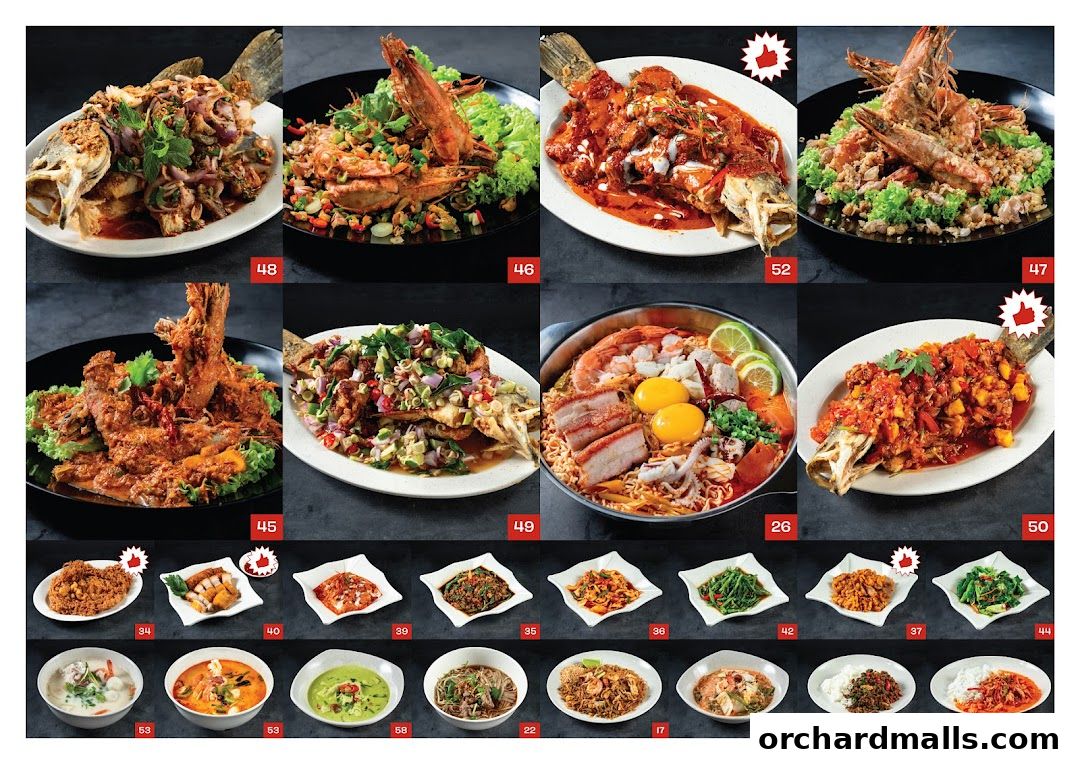 A collage of various Thai dishes, including fish, shrimp, noodles, and side dishes.
