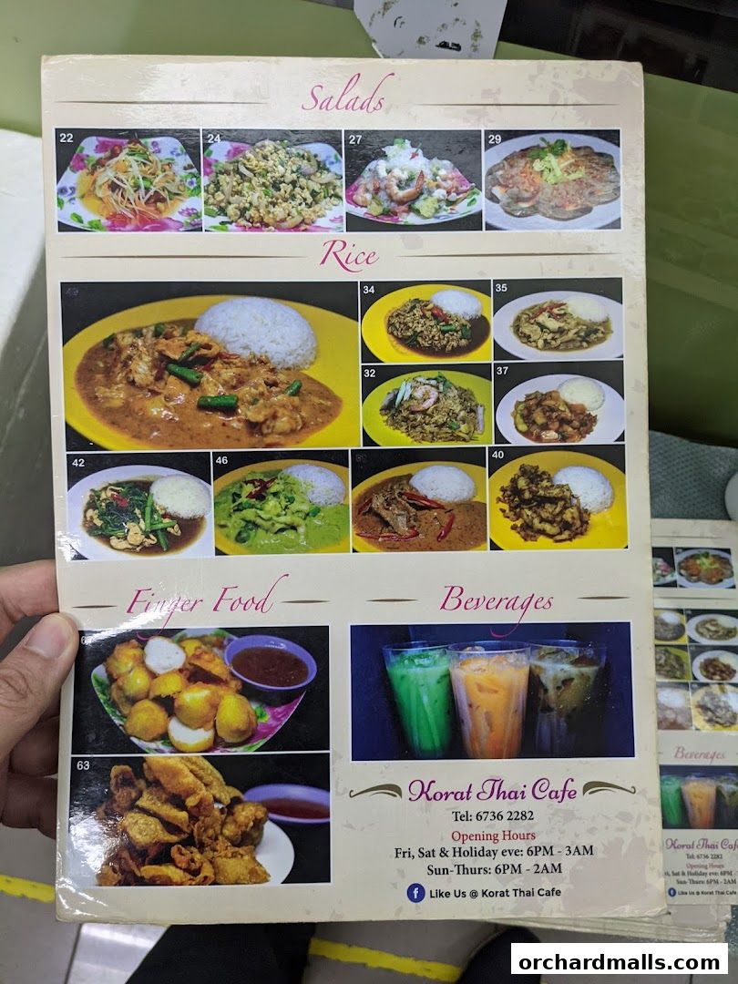 A menu from Korat Thai Cafe showcasing salads, rice dishes, finger food, and beverages.