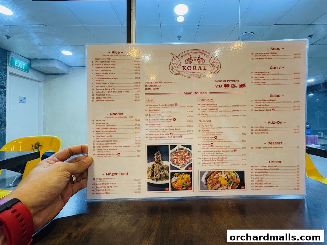 A person holds a menu for Korat Thai Cafe, showcasing various Thai dishes and drinks.