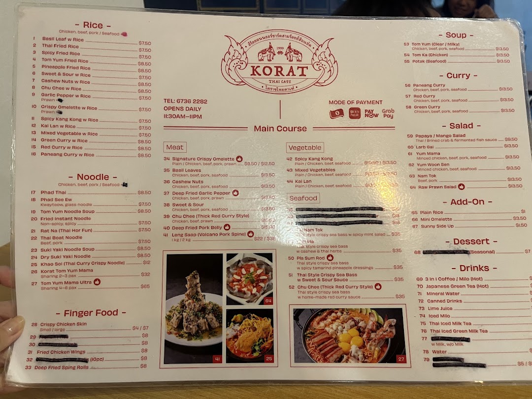 Menu page for Korat Thai Cafe