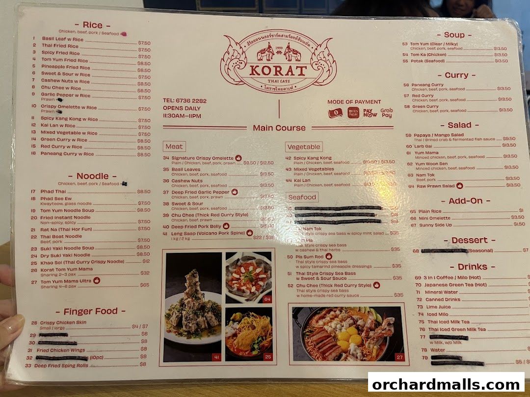A menu for Korat Thai Cafe with sections for rice, noodles, meat, seafood, and drinks.