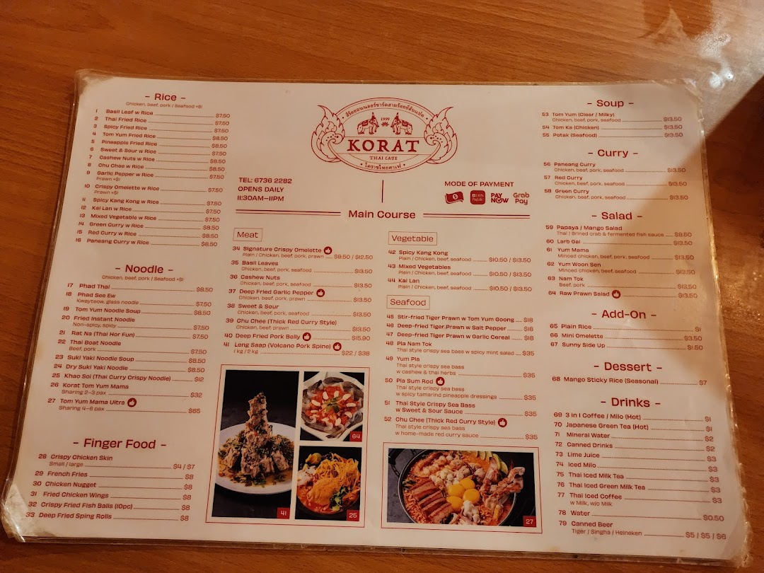 Menu page for Korat Thai Cafe