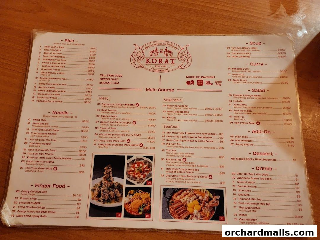 A menu for Korat Thai Cafe featuring a variety of Thai dishes, including rice, noodles, curries, and drinks.