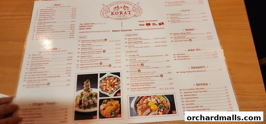 A menu from Korat Thai Cafe featuring rice, noodles, main courses, seafood, and drinks.