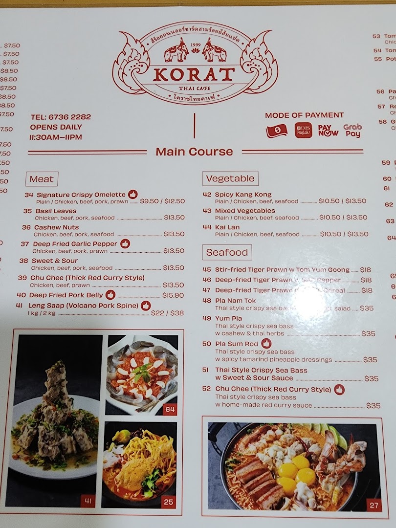 Menu page for Korat Thai Cafe