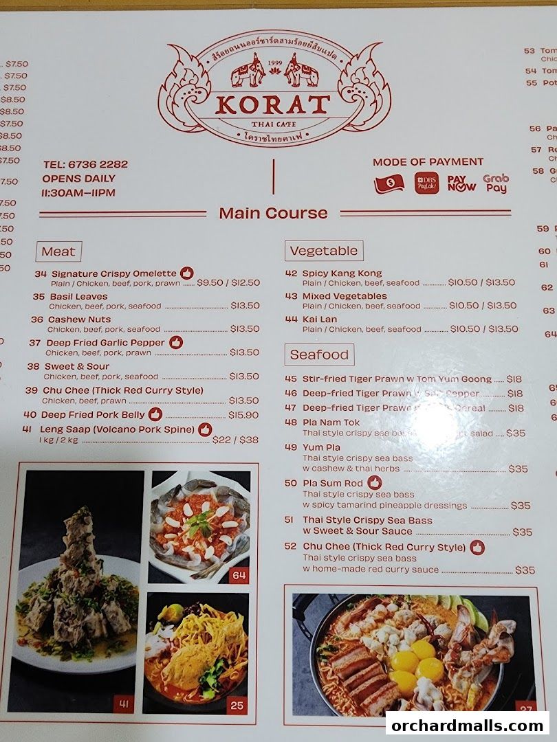 A menu from Korat Thai Cafe featuring main courses like meat, vegetable, and seafood dishes.