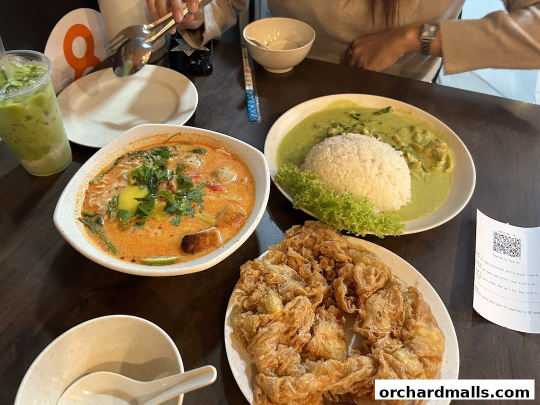 A table filled with delicious Thai food, including Tom Yum soup, green curry with rice, and a crispy omelet.