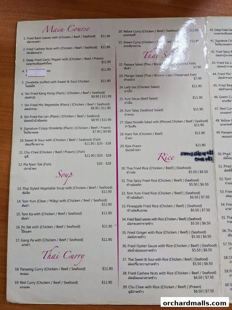 A menu from Korat Thai Cafe featuring main courses, soups, Thai curries, rice dishes, and salads.