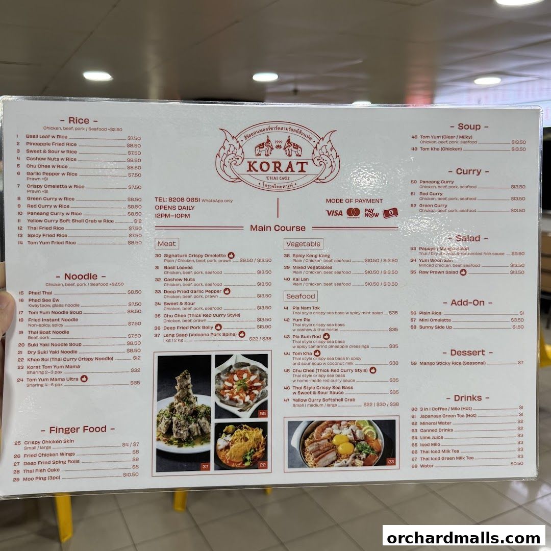 A menu for Korat Thai Cafe with sections for rice, noodles, meat, seafood, soup, curry, salad, drinks, and desserts.