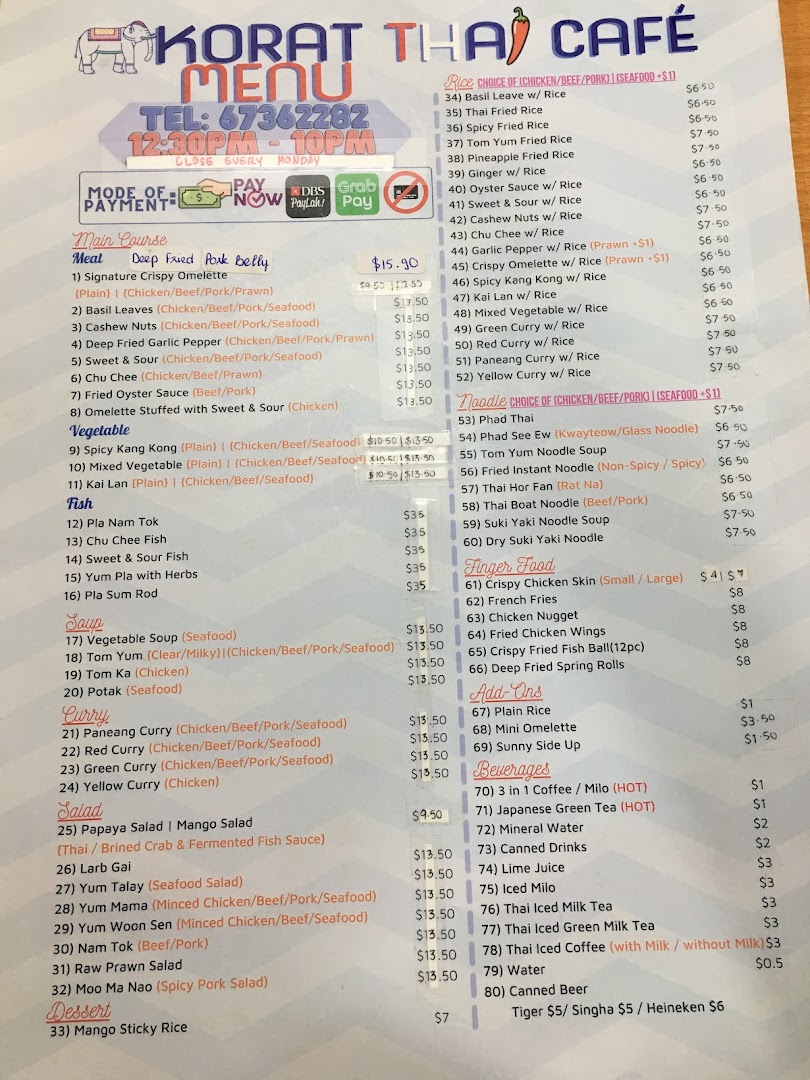 Menu page for Korat Thai Cafe