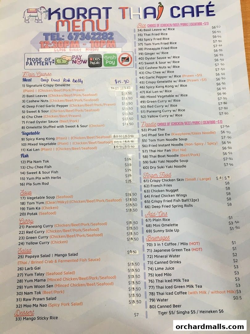 A menu for Korat Thai Cafe, listing main courses, curries, salads, desserts, and beverages.