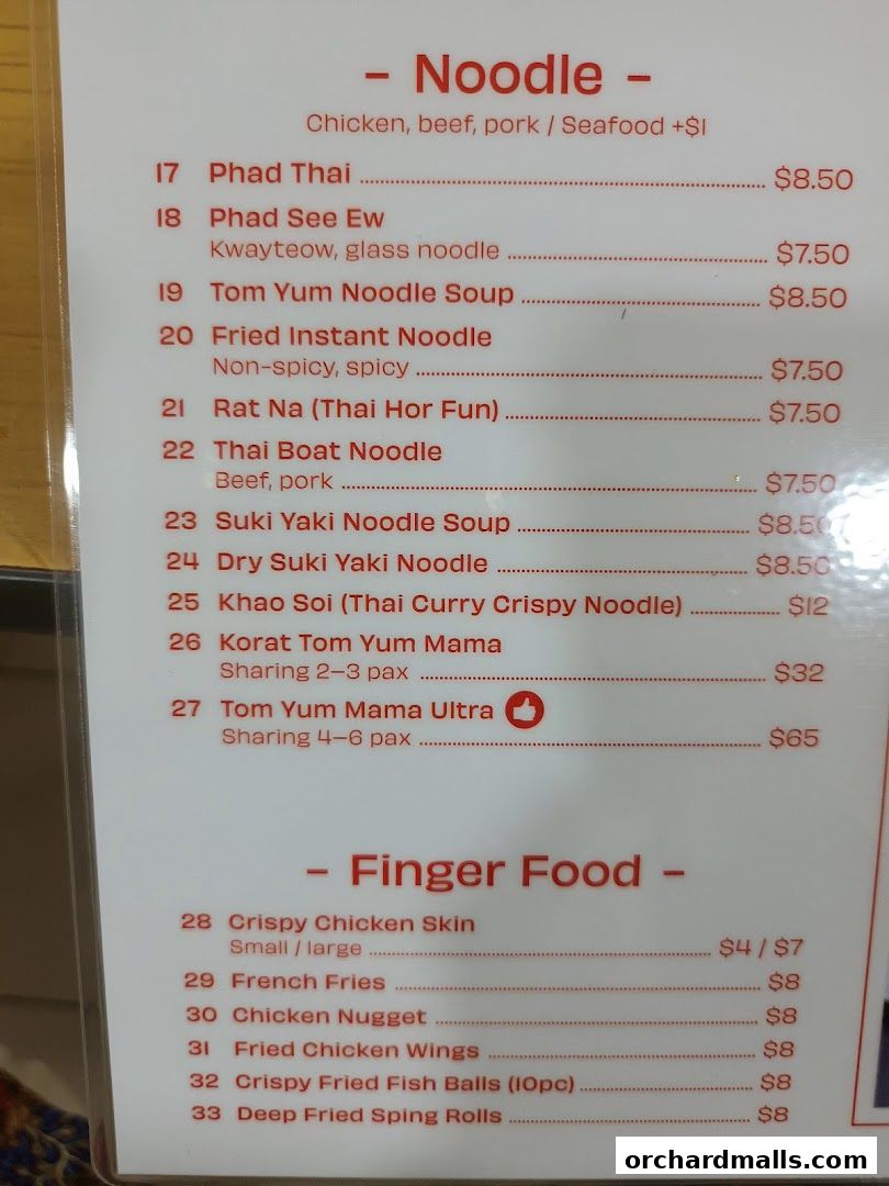 A menu from Korat Thai Cafe featuring noodle dishes and finger foods with prices.