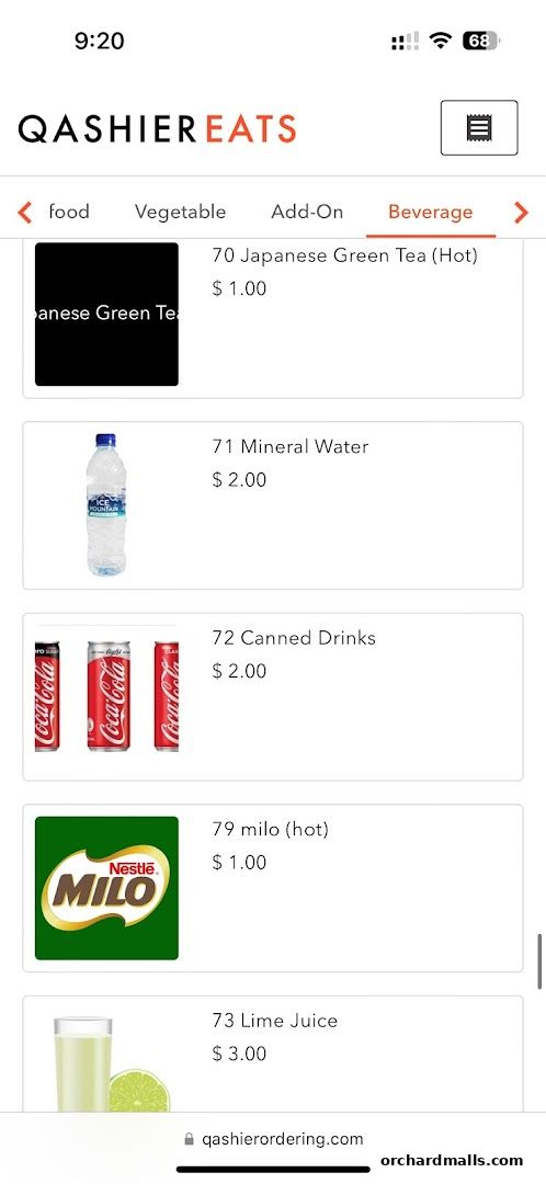 A screenshot of a mobile menu displaying various beverage options and prices.