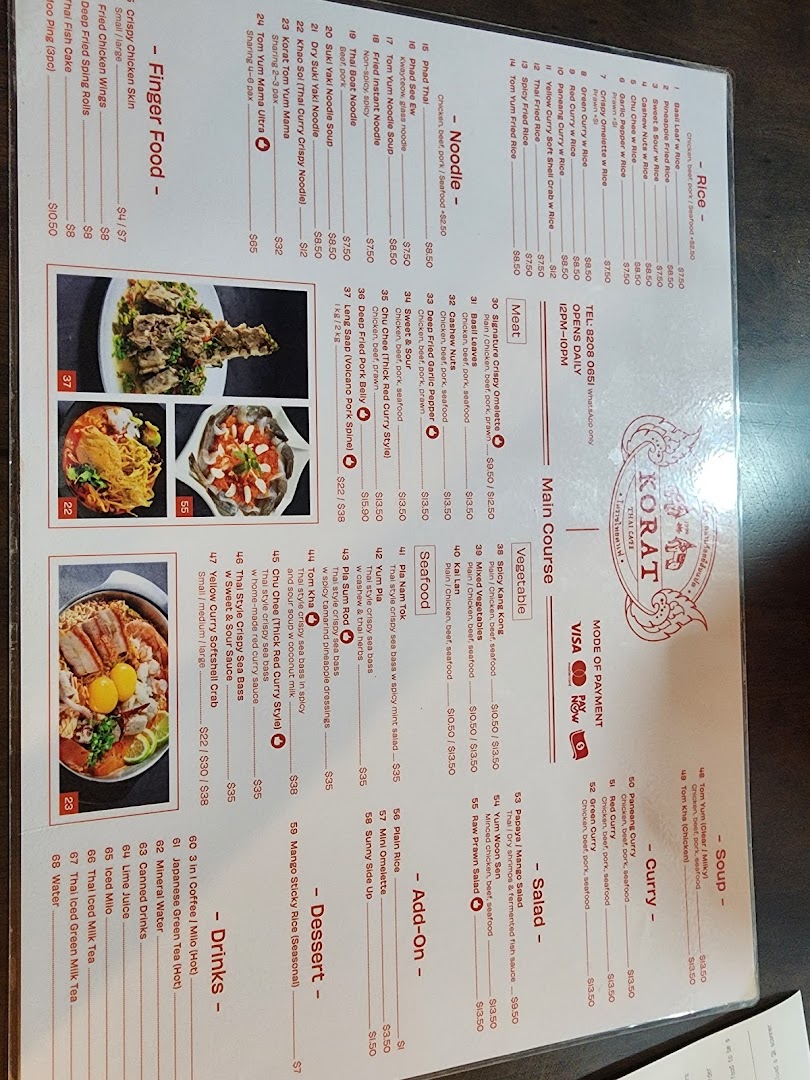 Menu page for Korat Thai Cafe