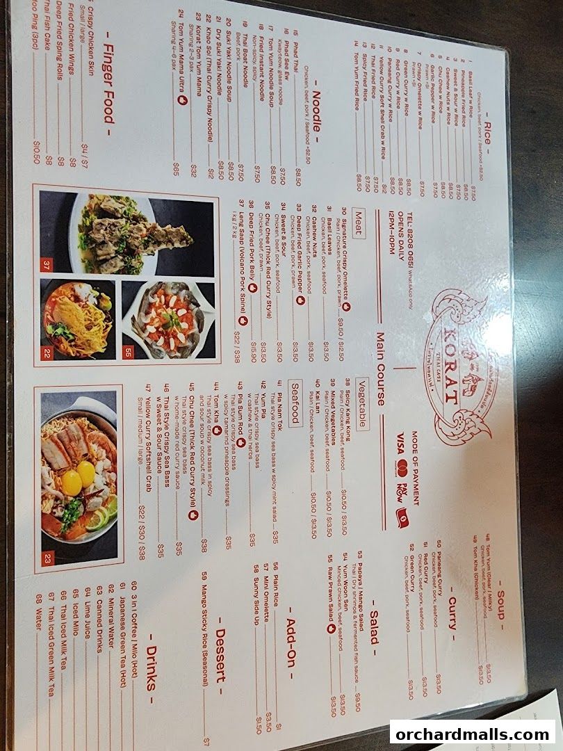 A menu for Korat Thai Cafe with various Thai dishes, drinks, and desserts.