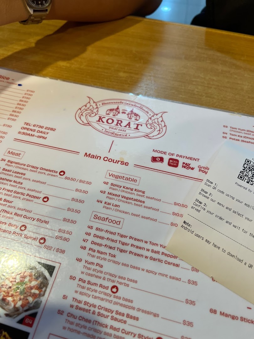 Menu page for Korat Thai Cafe