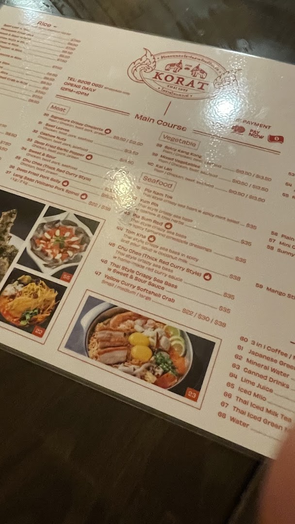 Menu page for Korat Thai Cafe