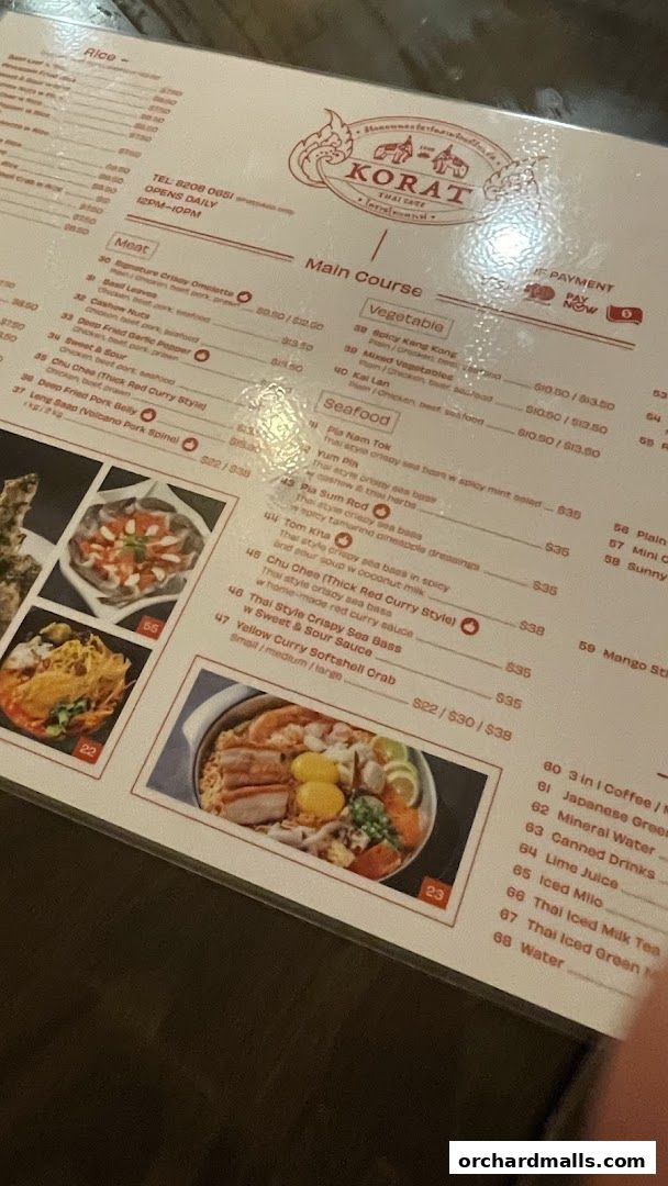 A menu from Korat Thai Cafe featuring main courses, seafood, and drinks with prices.