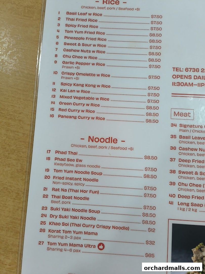 A menu from Korat Thai Cafe featuring rice and noodle dishes with prices.
