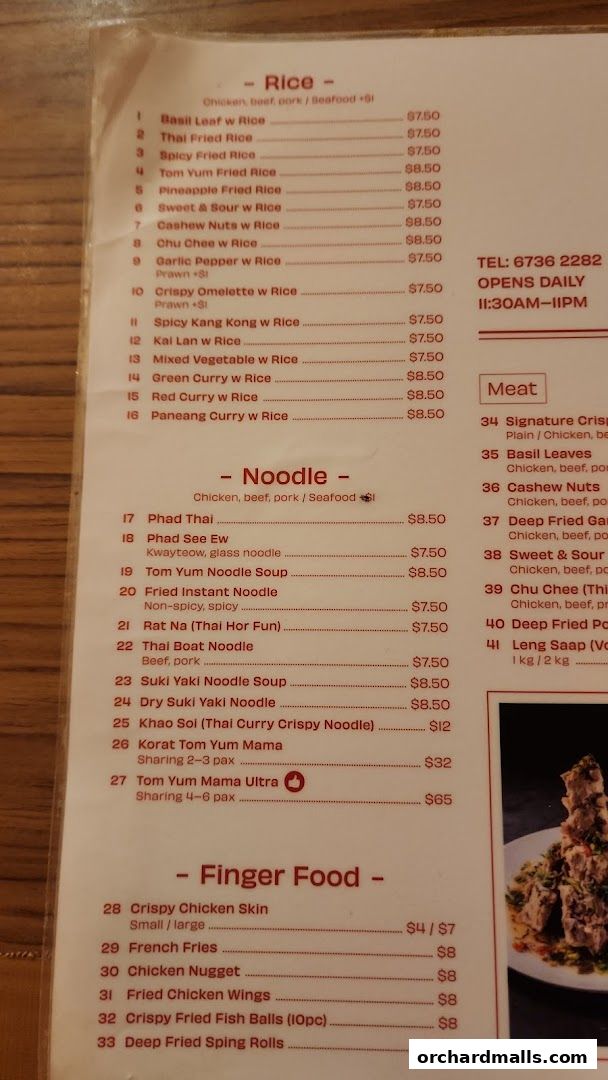 A menu from Korat Thai Cafe featuring rice, noodle, and finger food dishes with prices.