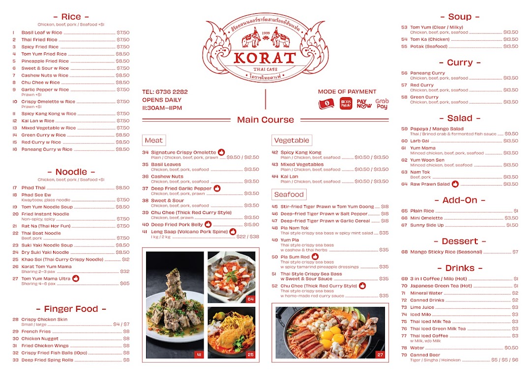 Menu page for Korat Thai Cafe