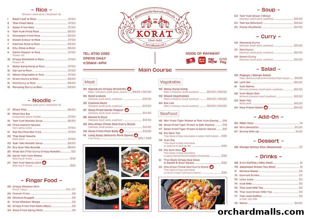 A menu for Korat Thai Cafe, featuring Thai dishes, soups, curries, salads, and drinks.