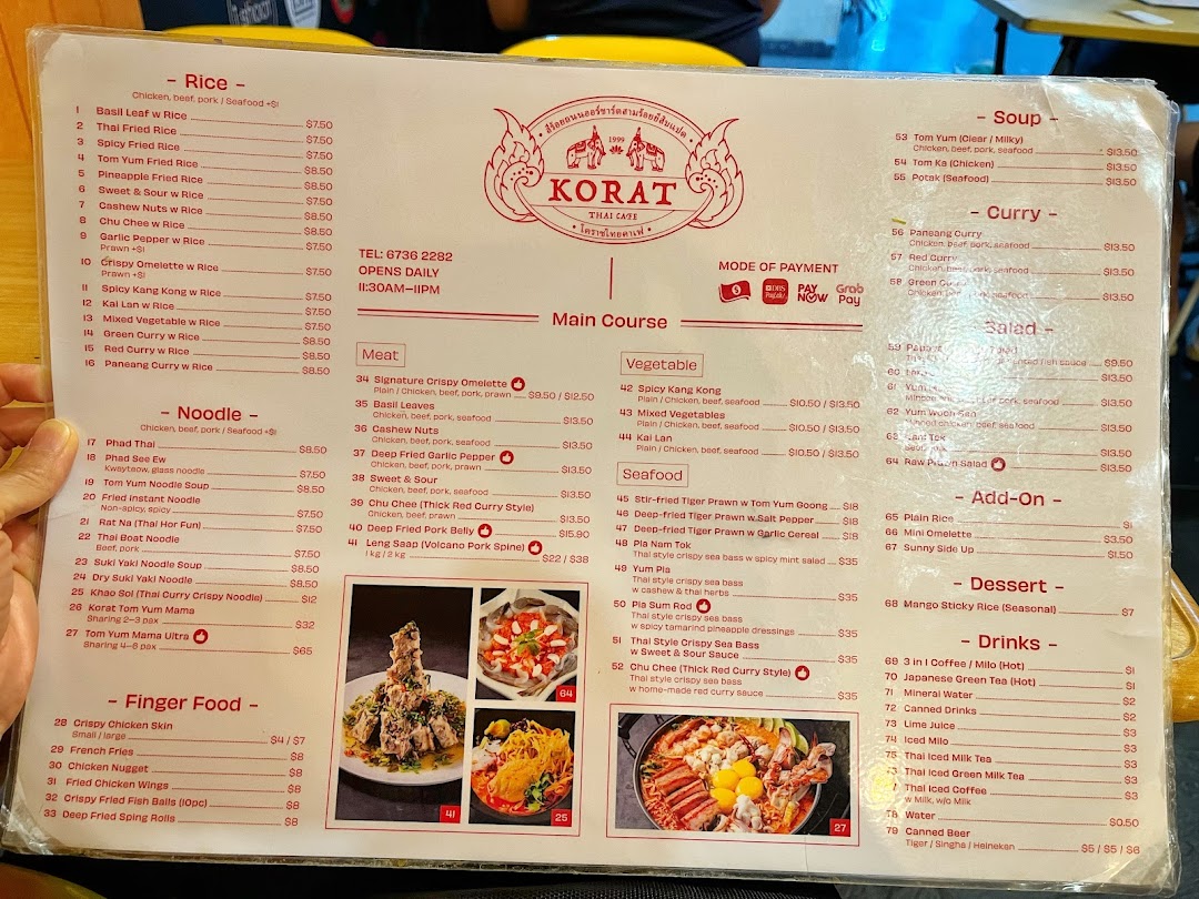 Menu page for Korat Thai Cafe