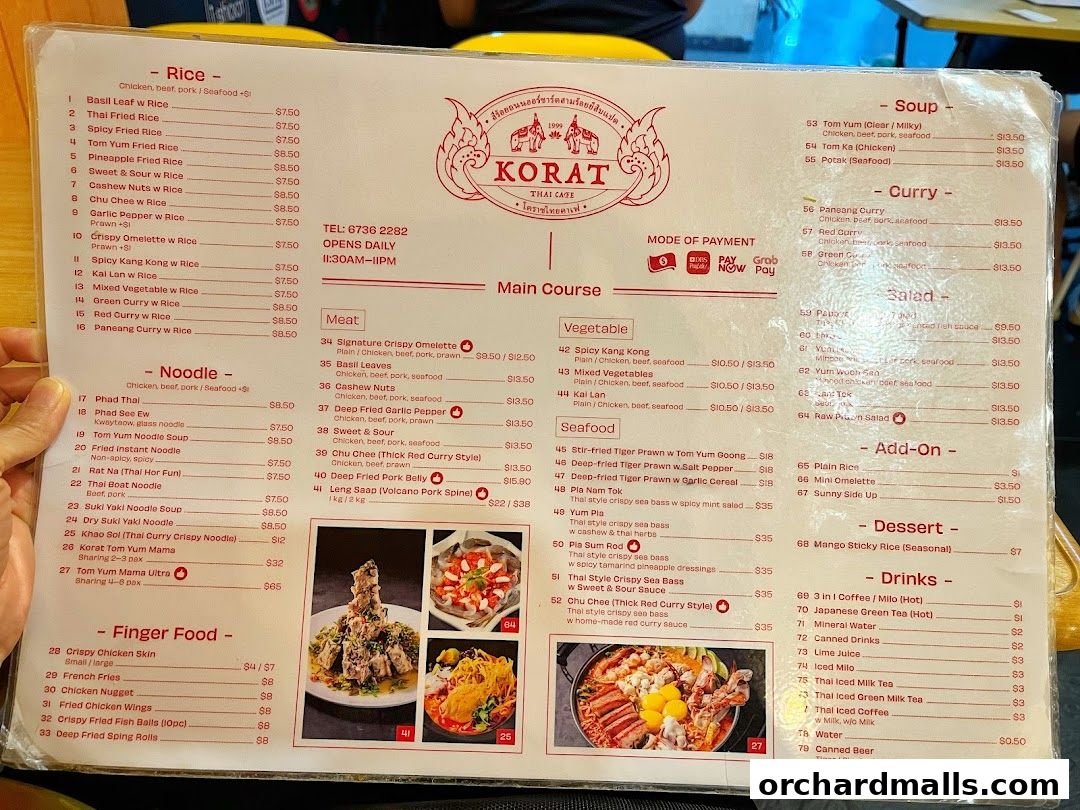 A menu for Korat Thai Cafe with sections for rice, noodles, finger food, soup, curry, salad, and drinks.