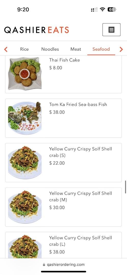 Menu page for Korat Thai Cafe