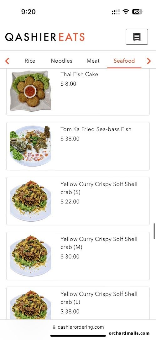 A screenshot of a mobile app displaying a seafood menu with prices.