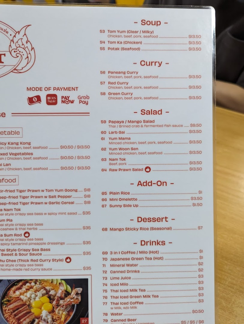 Menu page for Korat Thai Cafe