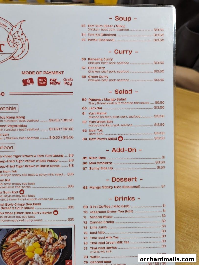 A menu from Korat Thai Cafe featuring soups, curries, salads, add-ons, desserts, and drinks.