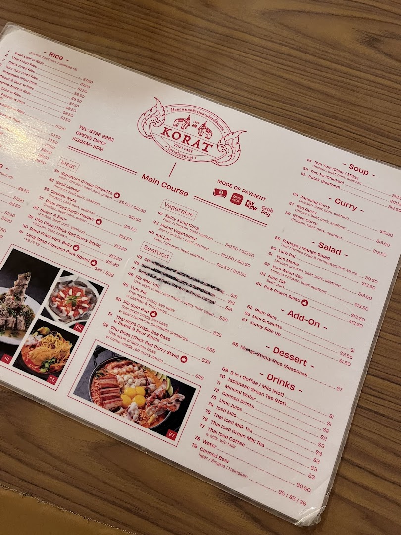 Menu page for Korat Thai Cafe