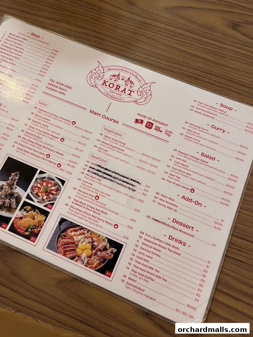 A menu from Korat Thai Cafe with various Thai dishes, drinks, and desserts.