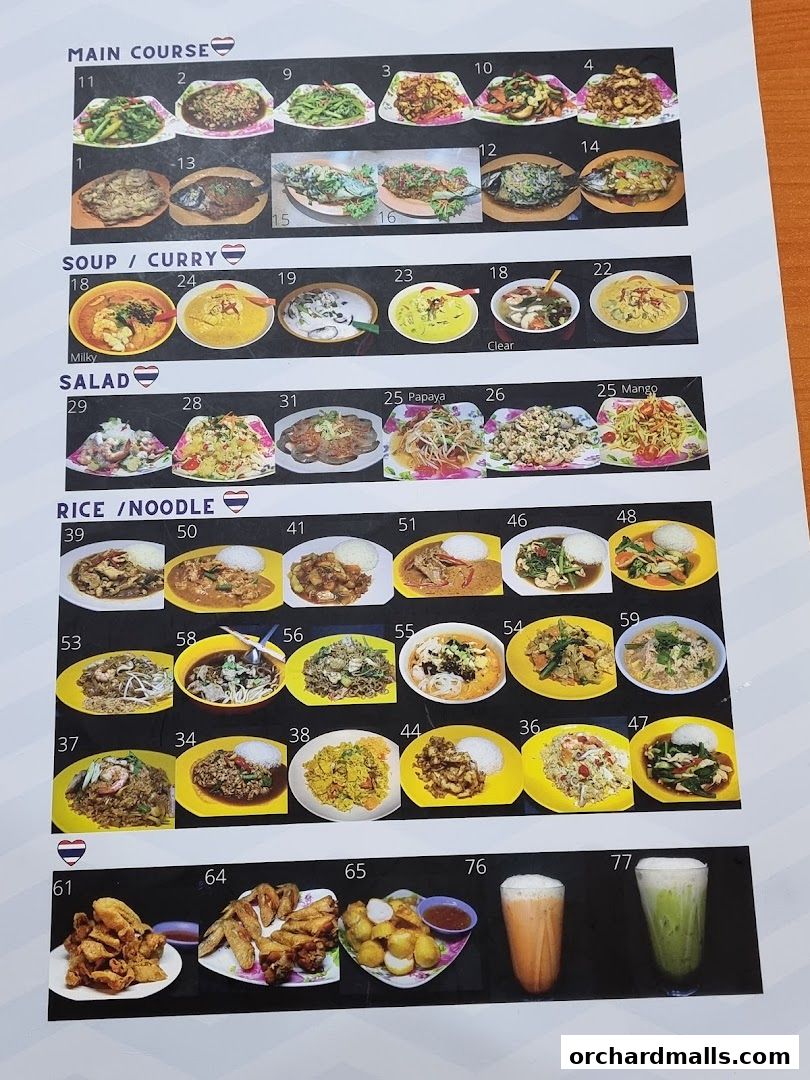 A menu from Korat Thai Cafe showcasing various Thai dishes with images and numbers.