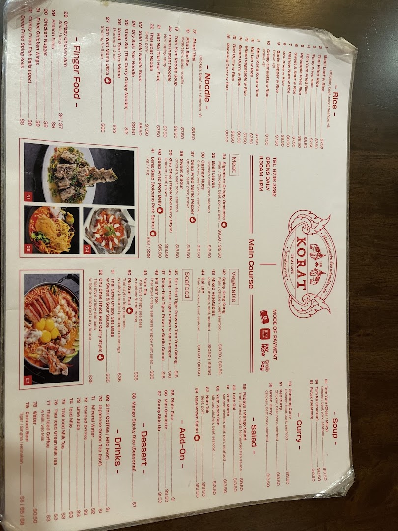 Menu page for Korat Thai Cafe