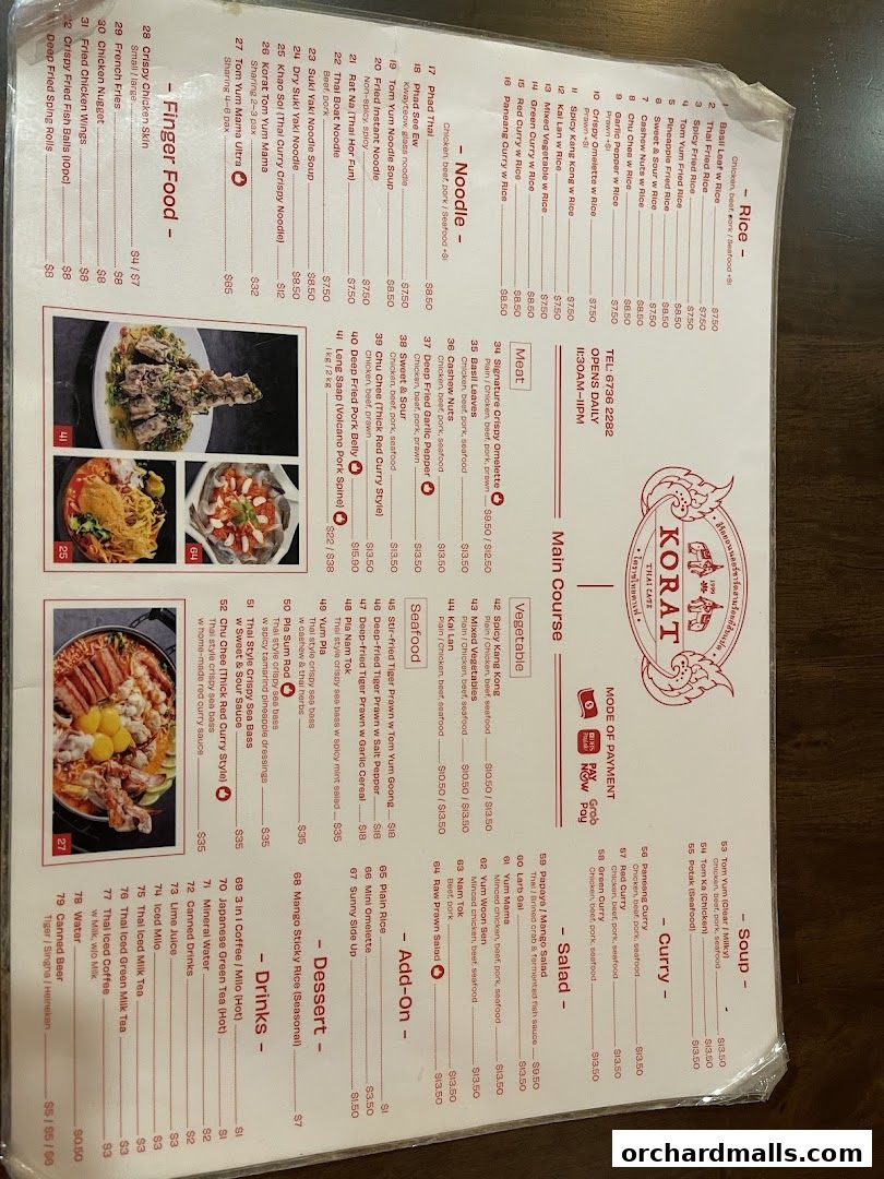 A menu for Korat Thai Cafe with various Thai dishes, drinks, and desserts listed.