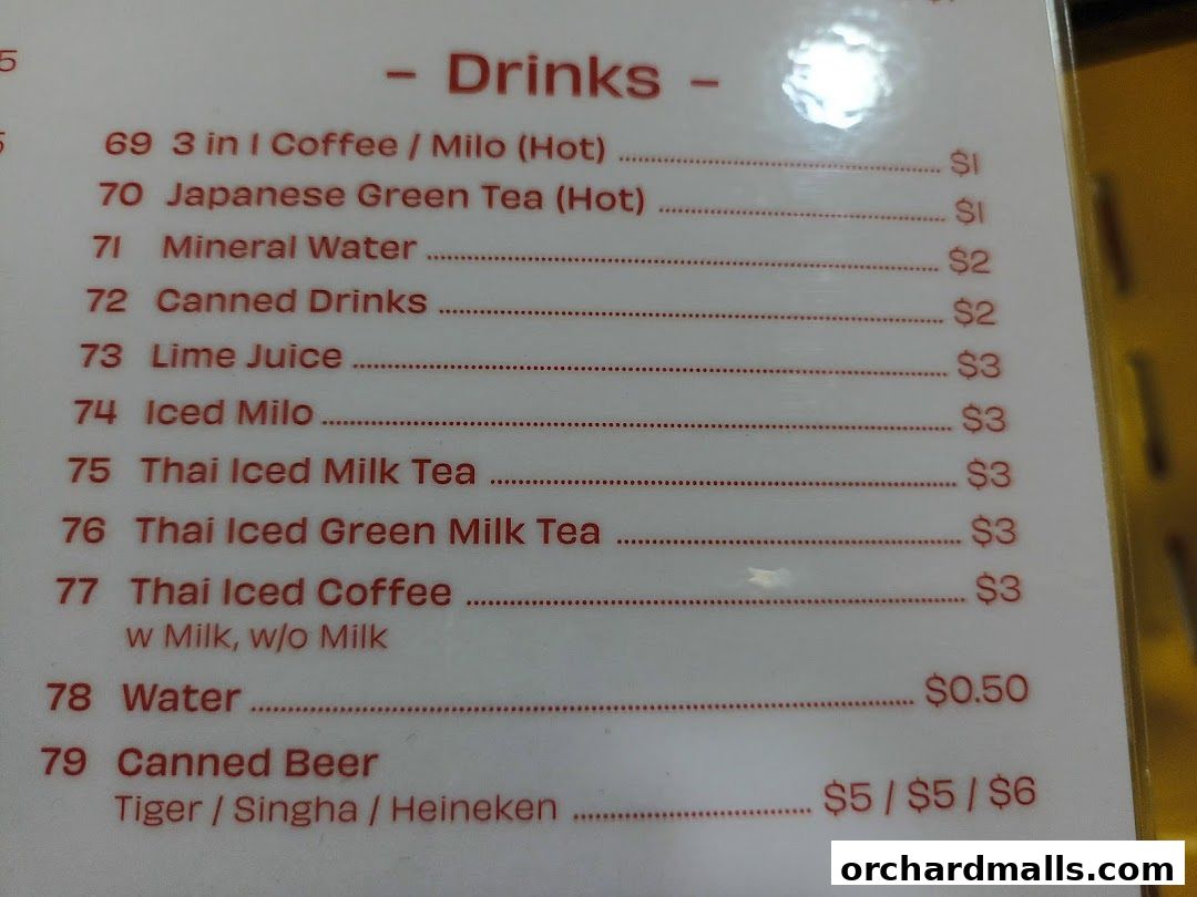 A menu section showing various drinks and their prices at Korat Thai Cafe.