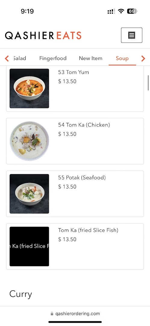 Menu page for Korat Thai Cafe