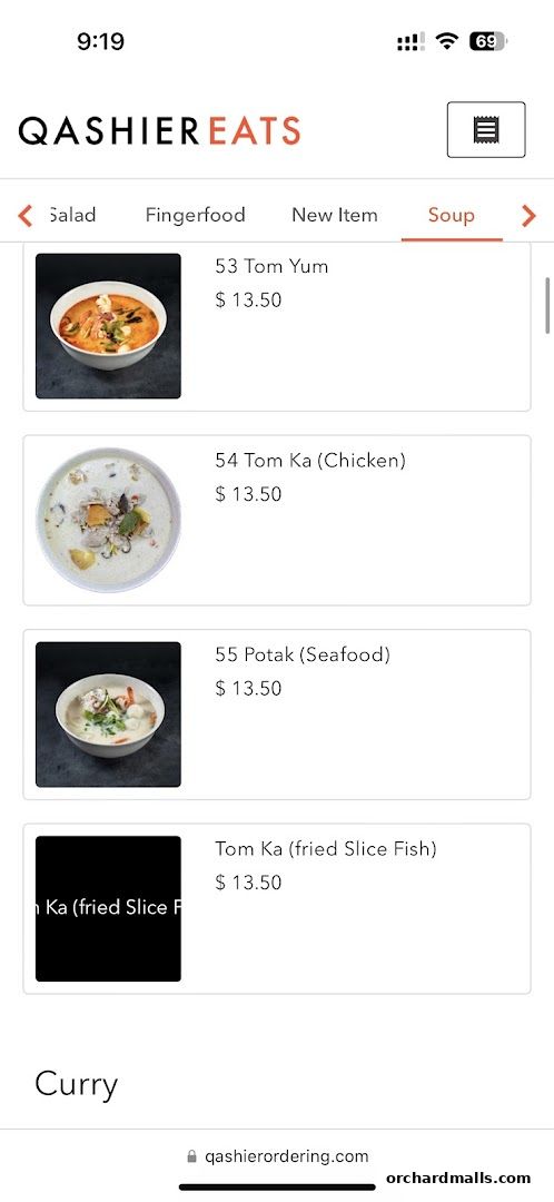 A screenshot of a Thai restaurant's online menu, showcasing soup options.