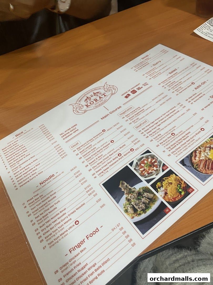 A menu from Korat Thai Cafe featuring rice, noodle, main courses, finger food, and more.