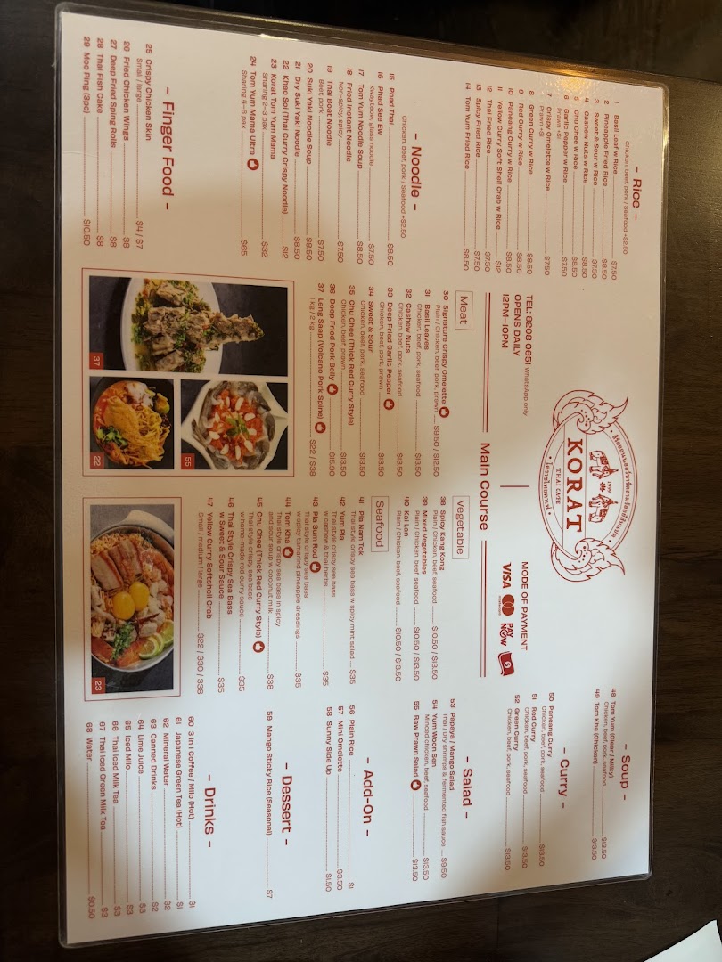 Menu page for Korat Thai Cafe