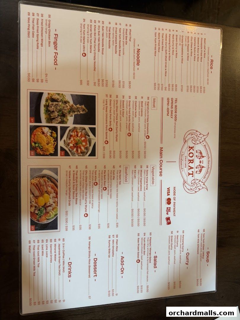 A menu for Korat Thai Cafe with various Thai dishes, including appetizers, noodles, curries, and drinks.